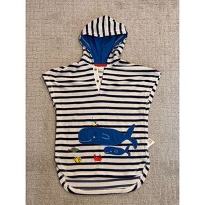 Baby Boden Towelling Hood Poncho - Striped / Blue Whales - 2-3Y